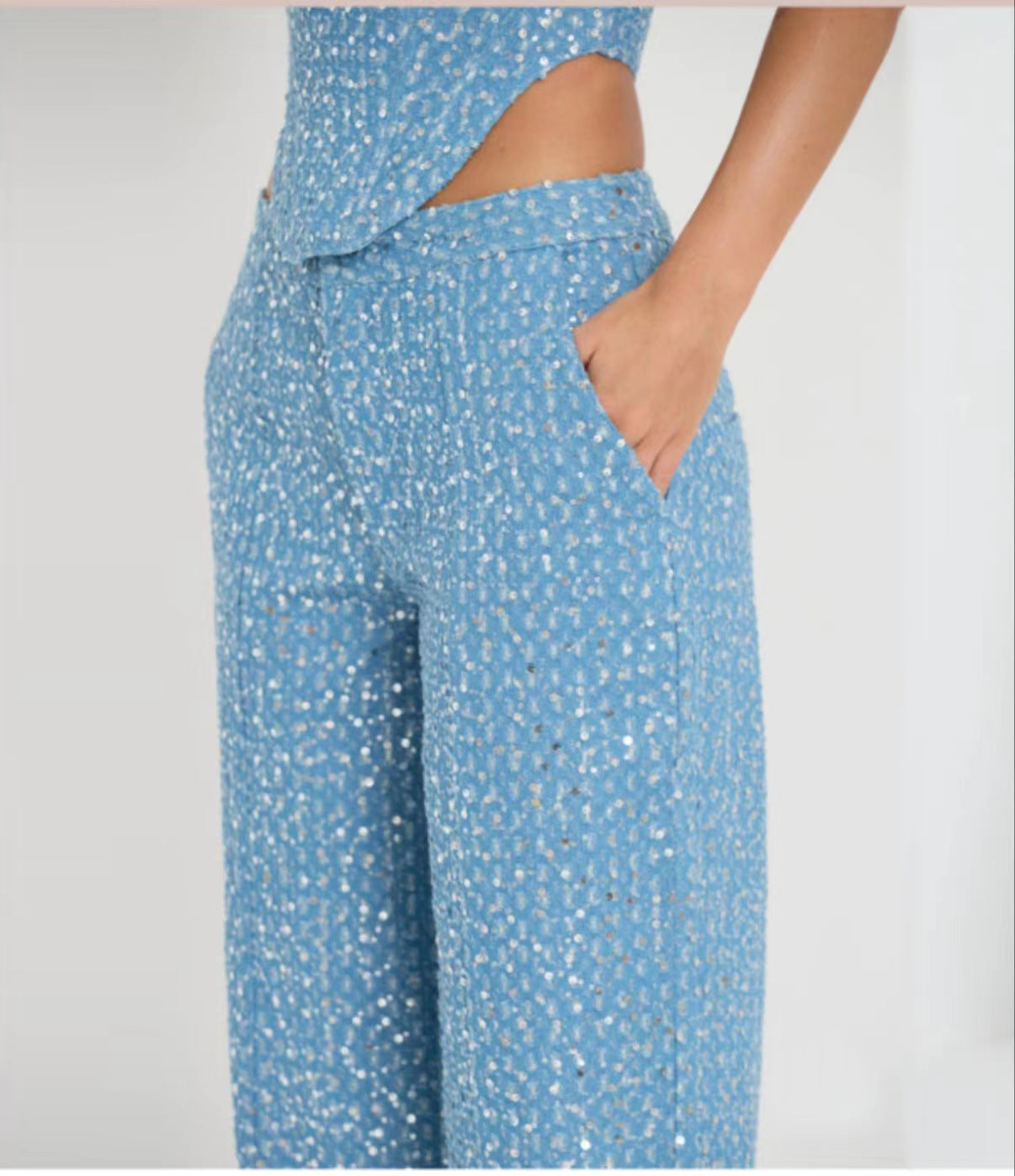 Fashion Denim Sequined Tube Top Wide Leg Pants Suit - Bellarte Enchanté Fashion Denim Sequined Tube Top Wide Leg Pants Suit